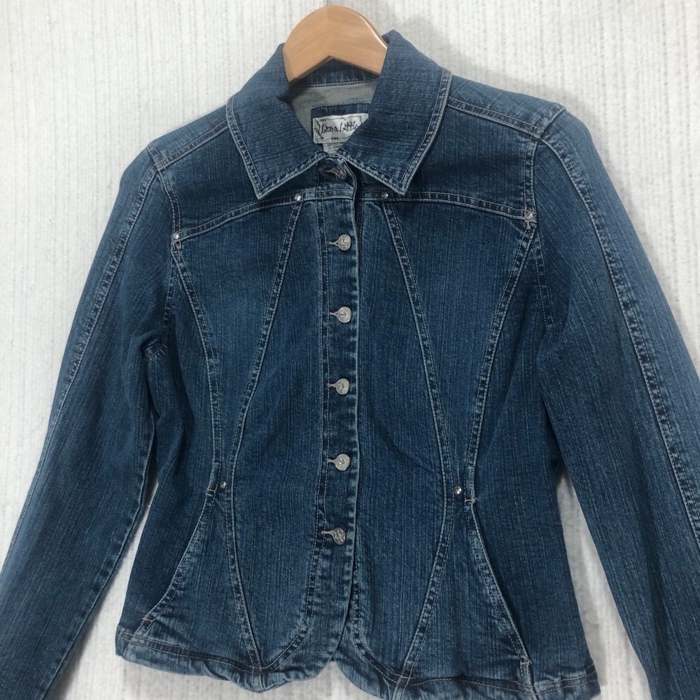 Live A Little Denim Jacket Womens Small Blue Button Up Rhinestone Accents